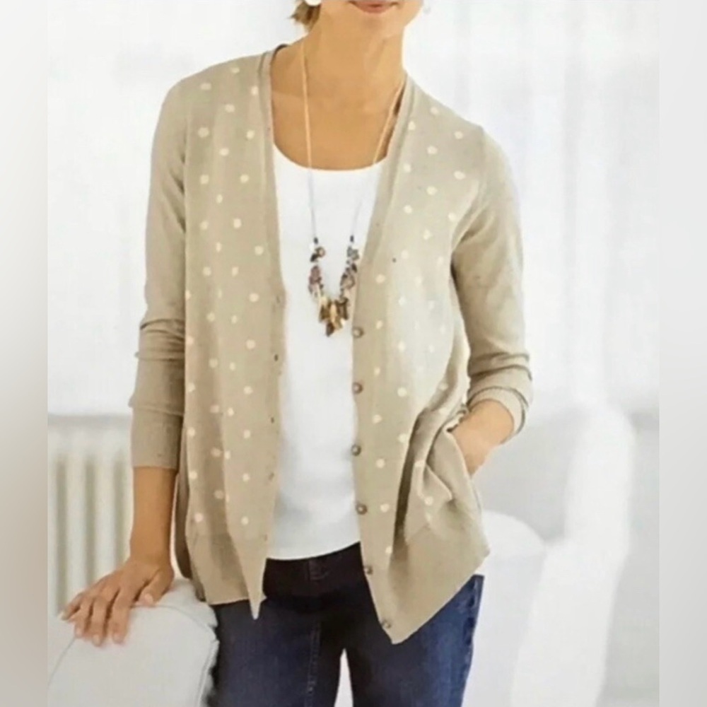 J. Jill Beige Polka Dot Speckled Mottled Nubby Cardigan Size Medium